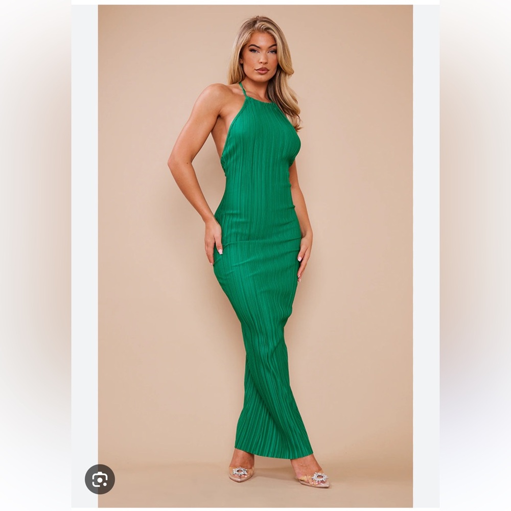Green Halter Low Back Plisse Dress